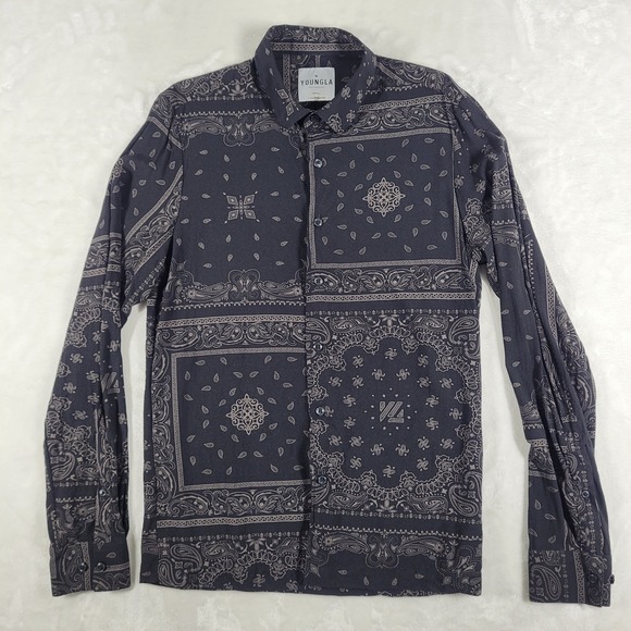 YoungLA Long Sleeve Button Up Shirt Men's Small Black Geometric Casual #804 - Picture 1 of 8